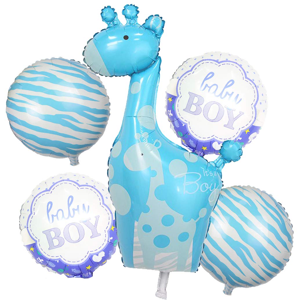 (Pack of 5) Giraffe Shape Baby Shower Foil Balloons Baby Shower Decoration Material Its a boy Decorations - Blue