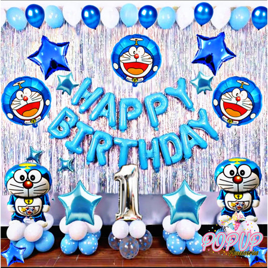 Doraemon Cartoon Theme Birthday Decoration Kit | 62 Pcs (Multicolor) Foil Balloons & Accessories